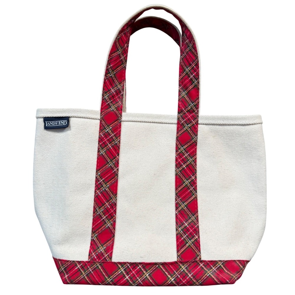 Lands' End Canvas Boat Tote Bag Womens Small Red Plaid Holiday Open Top Carryall
